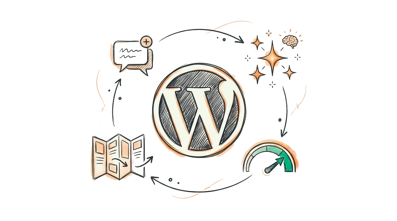 WordPress 6.9 Gene illustratie met symbolen voor samenwerking, AI en performance