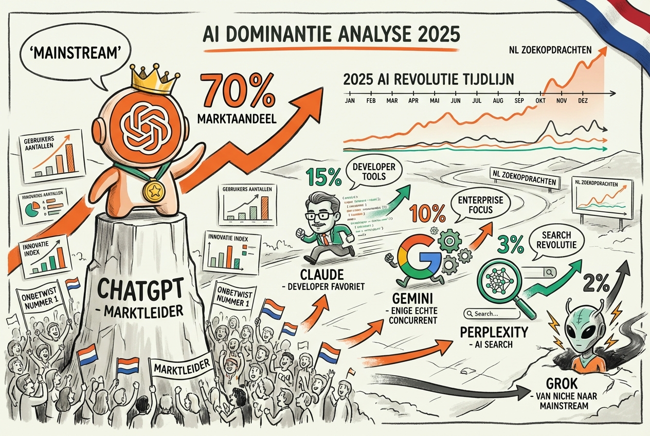 AI revolutie 2025 battle visualisatie: dramatische race scene toont 5 AI platforms in competitie, ChatGPT als duidelijke winnaar ver voorop met dominante positie (draagt gouden medaille, grootste aanwezigheid, publiek juicht), gelabeld 'CHATGPT - MARKTLEIDER', Claude getoond als verfijnde developer-focused concurrent in tweede tier positie gelabeld 'CLAUDE - DEVELOPER FAVORIET', Gemini haalt snel in met Google branding gelabeld 'GEMINI - ENIGE ECHTE CONCURRENT', Perplexity als AI search specialist gelabeld 'PERPLEXITY - AI SEARCH', Grok opkomend vanuit niche gelabeld 'GROK - VAN NICHE NAAR MAINSTREAM', elke AI weergegeven als uniek karakter/icoon racend op circuit, podium toont ongelijke hoogtes (ChatGPT toren veel hoger), marktaandeel percentages zwevend boven elk platform (ChatGPT 70%, anderen kleiner), groei snelheid pijlen tonen trajecten, Nederlandse zoektrend lijn grafieken op achtergrond stijgend en dalend, winner-takes-all battlefield thema met ChatGPT domineert centrum podium, data visualisatie elementen (staaf grafieken, lijn grafieken, trend pijlen) geïntegreerd doorheen, spraak ballonnen tonen key differentiators ('mainstream', 'developer tools', 'enterprise focus', 'search revolutie'), 2025 kalender/tijdlijn toont jaar progressie, Nederland vlag subtiel in hoek, competitief maar data-gedreven esthetiek - visualiseert AI markt dominantie analyse toont ChatGPT overweldigende voorsprong terwijl concurrenten vechten voor relevantie in Nederlandse markt