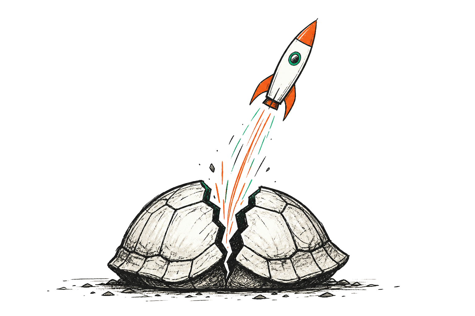 Schildpadschild op de grond waaruit een raket opstijgt als metafoor voor WordPress-versnelling